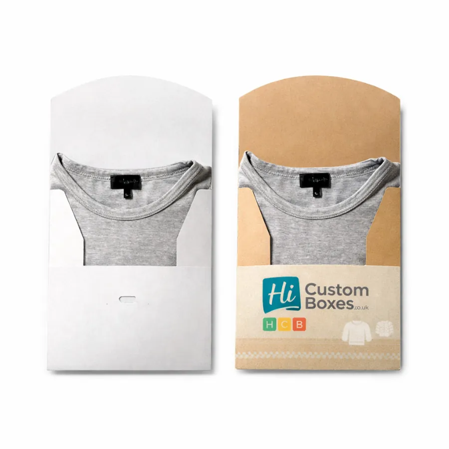Two flat garment folders in white and brown kraft paper- showing a folded grey jumper- class=